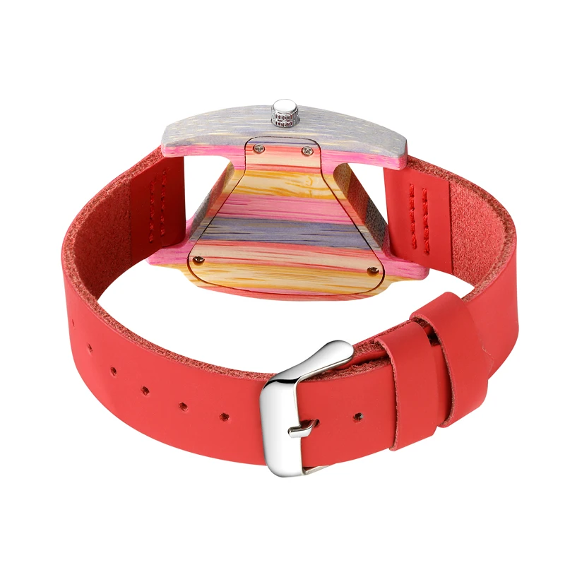 Unique Colorful Wood Watch Creative Triangle Shape Dial Hour Clock Women Quartz Leather Bracelet Watch Women's Wrist Reloj Mujer