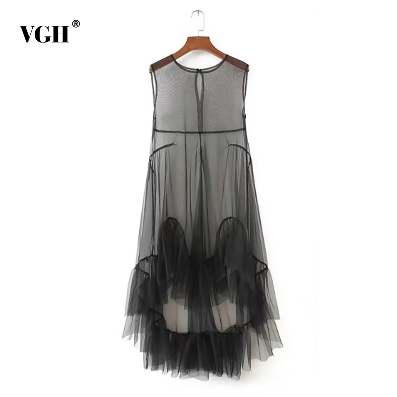 

VGH Sexy Perspective Dress For Women O Neck Tank Sleeveless Large Size Loose Patchwork Mesh Female A Line Dresses 2019 Fashion