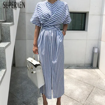 

SuperAen Korean-Style Women Dress Summer New 2020 Fashion Ladies Dress Stripe Cotton Short Sleeve Women Clothing