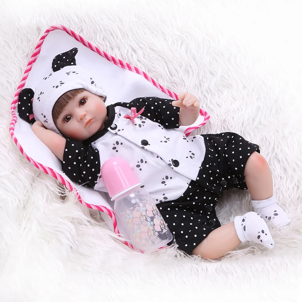 

new arrivals design 40CM NPK vinyl silicone reborn soft body baby dolls with panda plush animals toys black and white dress doll
