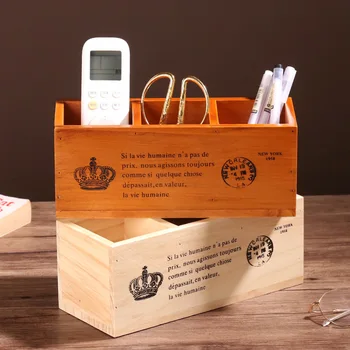 

Retro Wooden Box Rectangular Solid Wood Three Grid Pen Holder Desktop Storage Box Wooden Remote Control Storage and Finishing