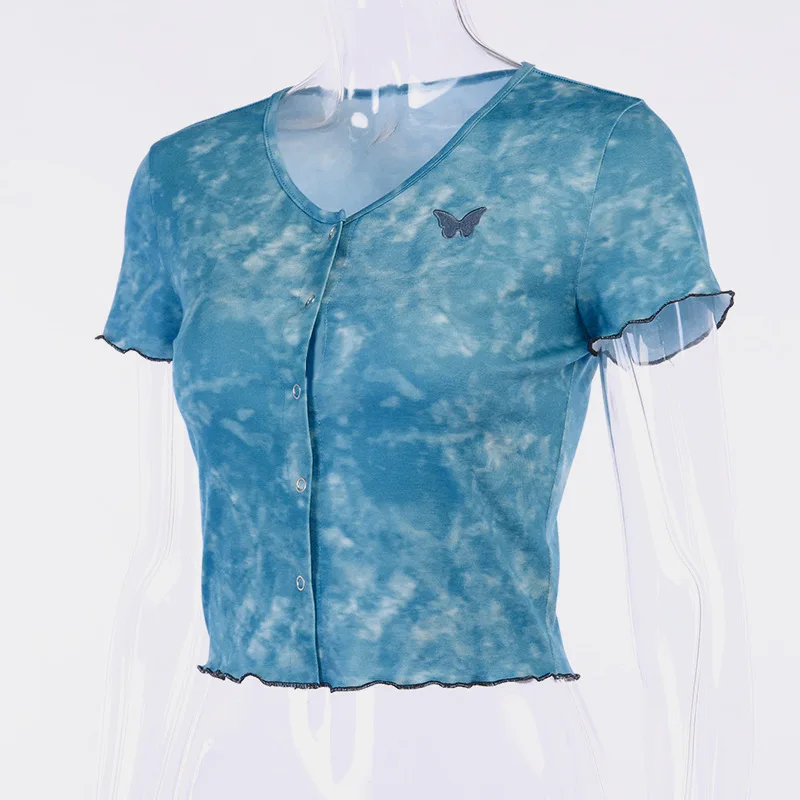 Blue Tye Die T Shirt Women Streetwear Harujuku Embroidery Butterfly Crop Top Button Tee Shirt Femme 90s Gothic Korean Clothes