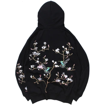 

Hip Hop Hoodie Sweatshirt Embroidered Bird Floral Mens Streetwear Harajuku Hoodies Pullover Loose Cotton Sweat Shirt Autumn J924