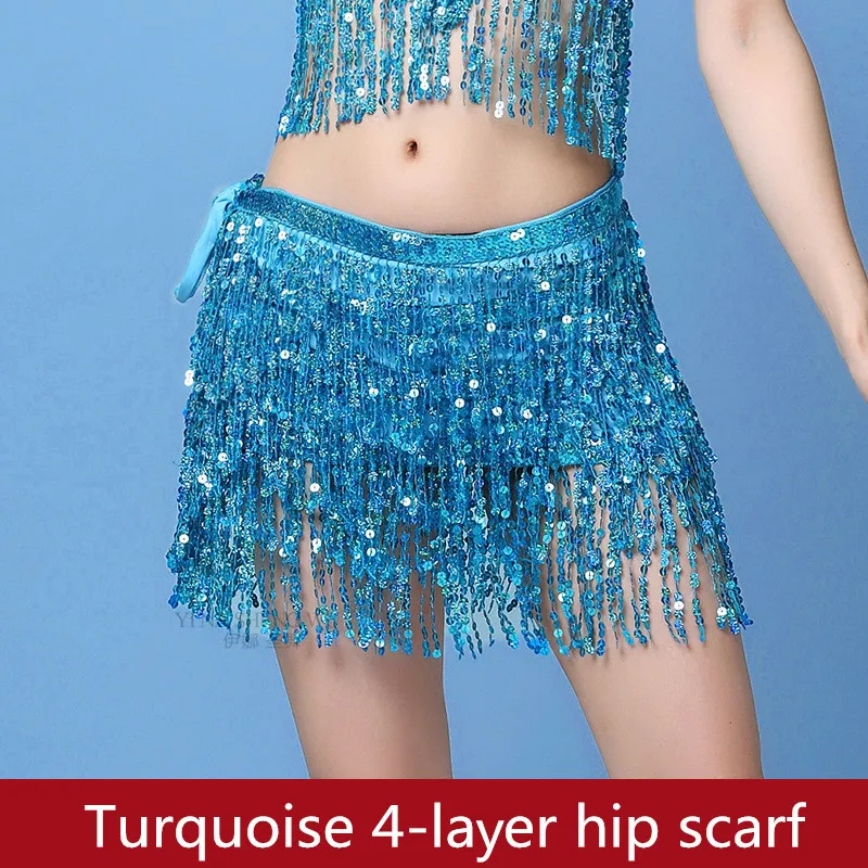 Turquoise 4-layer Женская юбка для латинского танца живота аксессуары-кисточки побрякушки ремни для танца живота хип шарф с блестками пояс для танца живота хип шарф - Цвет: Turquoise 4-layer