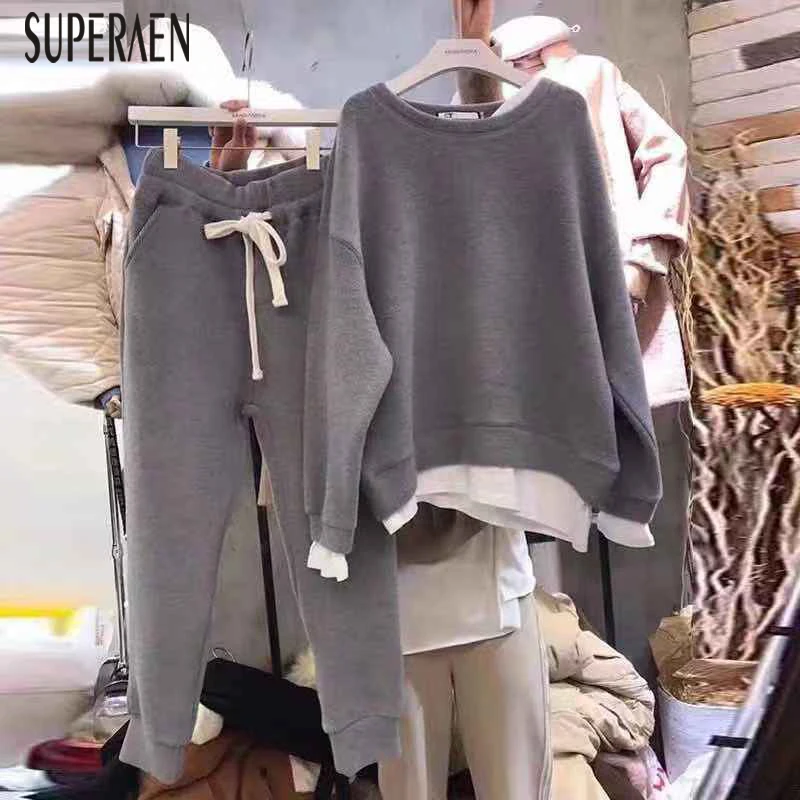 SuperAen/повседневные женские комплекты в Корейском стиле; Новинка года; сезон осень-зима; толстовки с капюшоном из хлопка; женские повседневные брюки