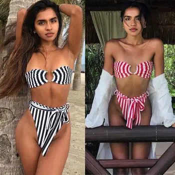 

Hirigin High Wasit Bandage Bikini Set Stripes Swimwear Women 2020 New Strapless U Push Up Padded Swimsuit Women Bathing Suit