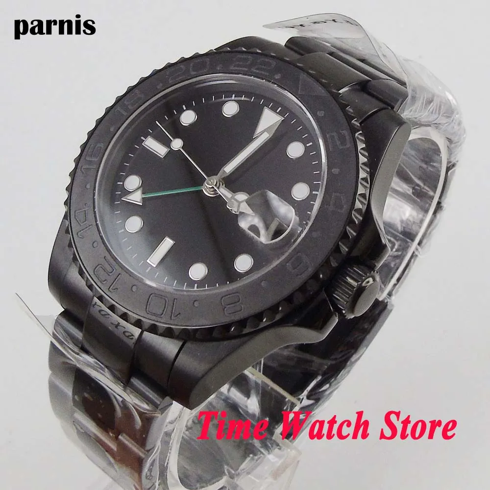 Мужские часы Parnis 40 мм GMT 3804 автоматические PVD чехол сапфировое стекло светящийся