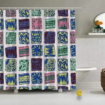 

Hand Draw Abstract Pattern Ceramic Tiles Vector Waterproof Shower Curtain for Bathroom,79''L x 72''W