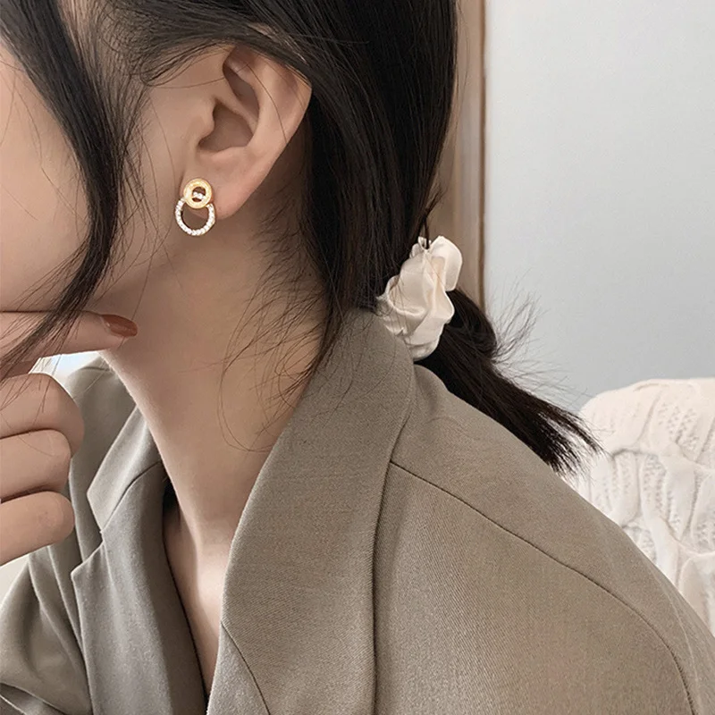 2021 Korean Simple Double Circle Gold Color Metal Rhinestone Drop Earrings For Women Fashion Small Pendientes Jewelry Gifts - Image 4