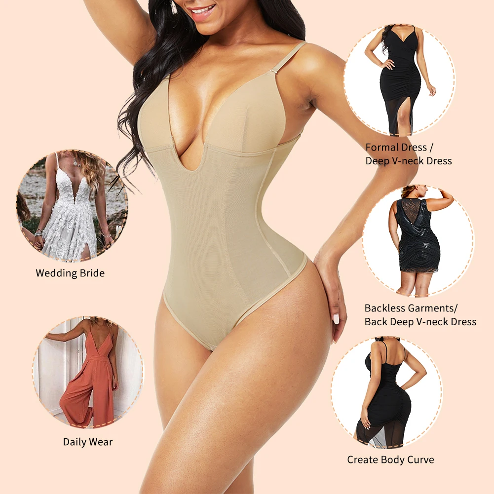 shapewear bodysuit Fajas Colombianas Bodysuit Shapewear Deep V-Neck Body Shaper Backless U Plunge Thong Shapers Waist Trainer Push Up Women Corset spanx shapewear