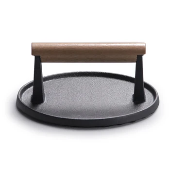 

Barbecue Cooking Fried Tool Cast Iron Stripe Bottom Meat Press Plate Practical With Handle Durable Round Kitchen Burger Steak