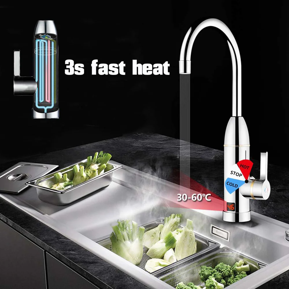 

2019 New High Quality 3000W Electric Faucet 220V LED Display Kitchen Sink Silver 16Ah Bathroom