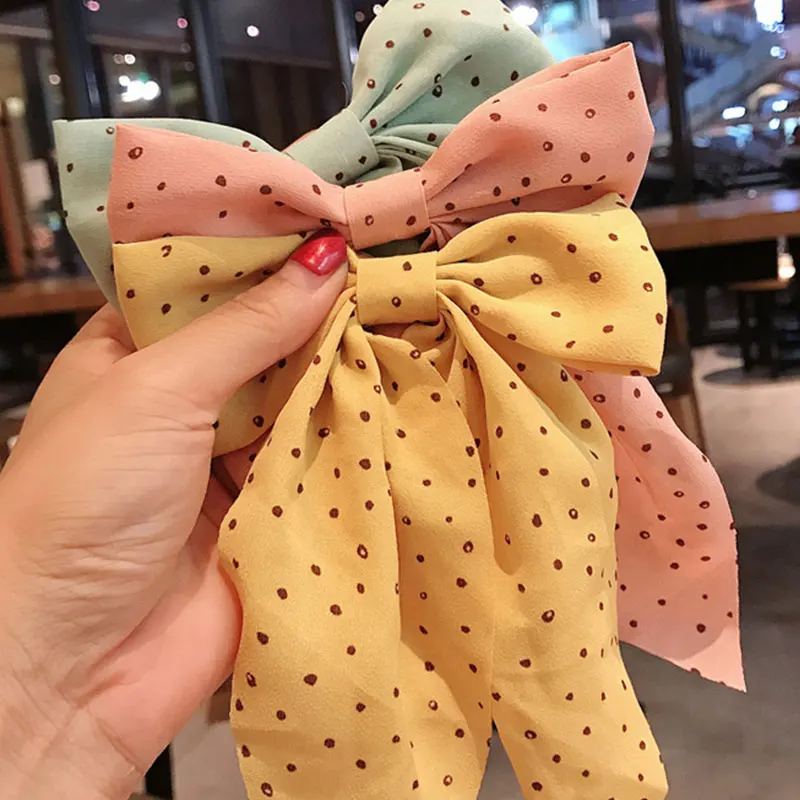 Polka Dot Print Big Bow Hair Clips Barrettes Bow Knotted Long Ribbon Chiffon Hairpin for Women Girls Hair Accessories Hairband black head scarf