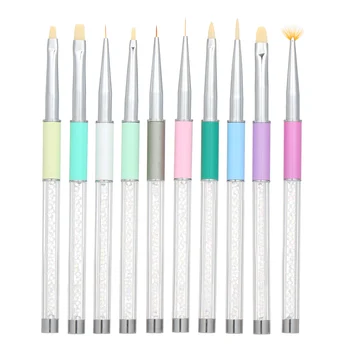 

10PCS Nail Pens Set Rhinestone Metal Handle Acrylic UV Gel Nail Brushes for Nail Painting Drawing Lining Carving Nail Art Tools