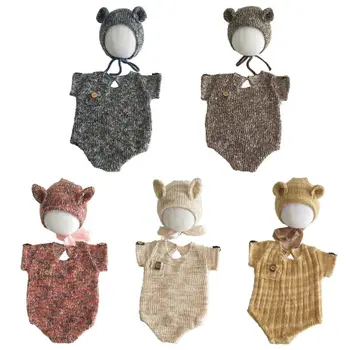 

2 Pcs/set Cute Handmade Baby Knit Bonnet Hat Jumpsuit Set Newborn Shower Gift P31B