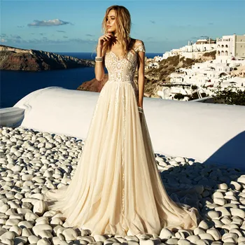 

Sheer Scoop Neck A-Line Wedding Dress Lace Appliques Buttons Back Spring Custom Short Sleeves Bridal Gowns Beach 2021 Spring