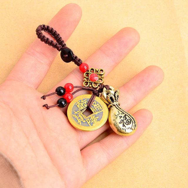 Brass Money Bag Keychain Pendant Handmade Rope Lucky Feng Shui Hanging Jewelry Ancient Five Emperors Coins Car Key Chain
