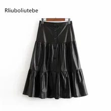 Сексуальные женские длинные юбки из искусственной кожи с оборками на пуговицах; сезон зима-весна; черные юбки с высокой талией; уличная одежда; юбки трапециевидной формы для скейтеров