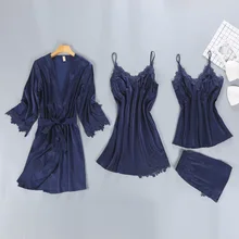 Navy Blue Woman Pajamas 4PC Strap Top Pants Suit Sleepwear Sets Spring Home Wear Nightwear Sexy Kimono Robe Bath Gown Bathrobe