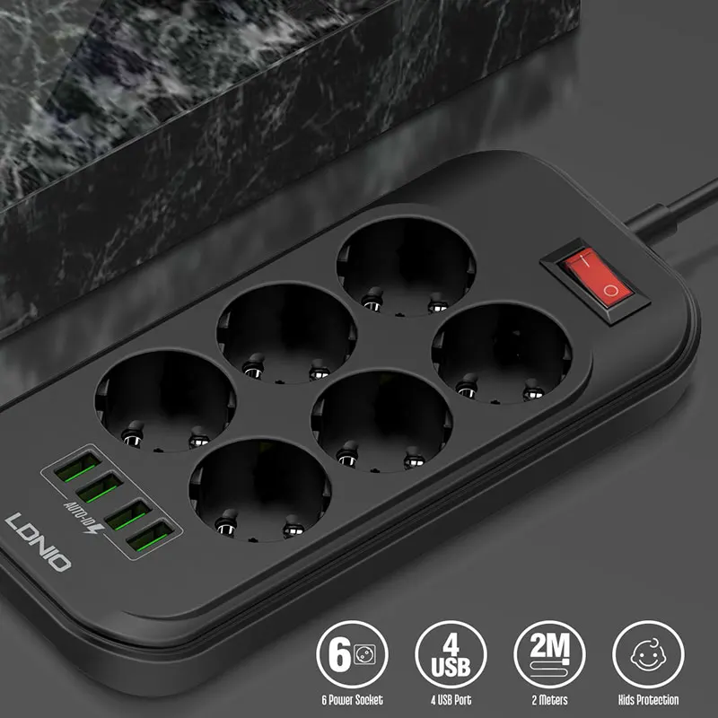 Электрический сетевой фильтр с европейской вилкой 4 USB порта 6 розеток 2500 Вт 250 В 2