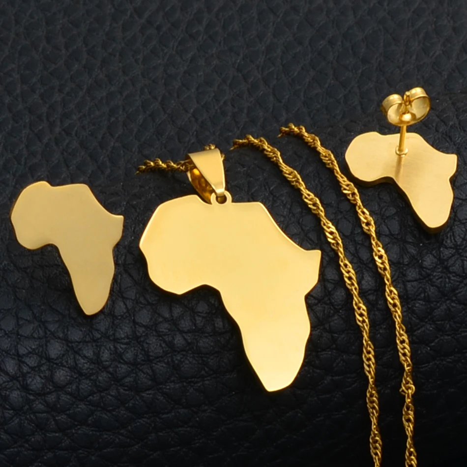 Anniyo Africa Map Sets Pendant Necklace and Earrings Gold Color/Silver Color African Maps Jewelry Set for Women Gitls #133621