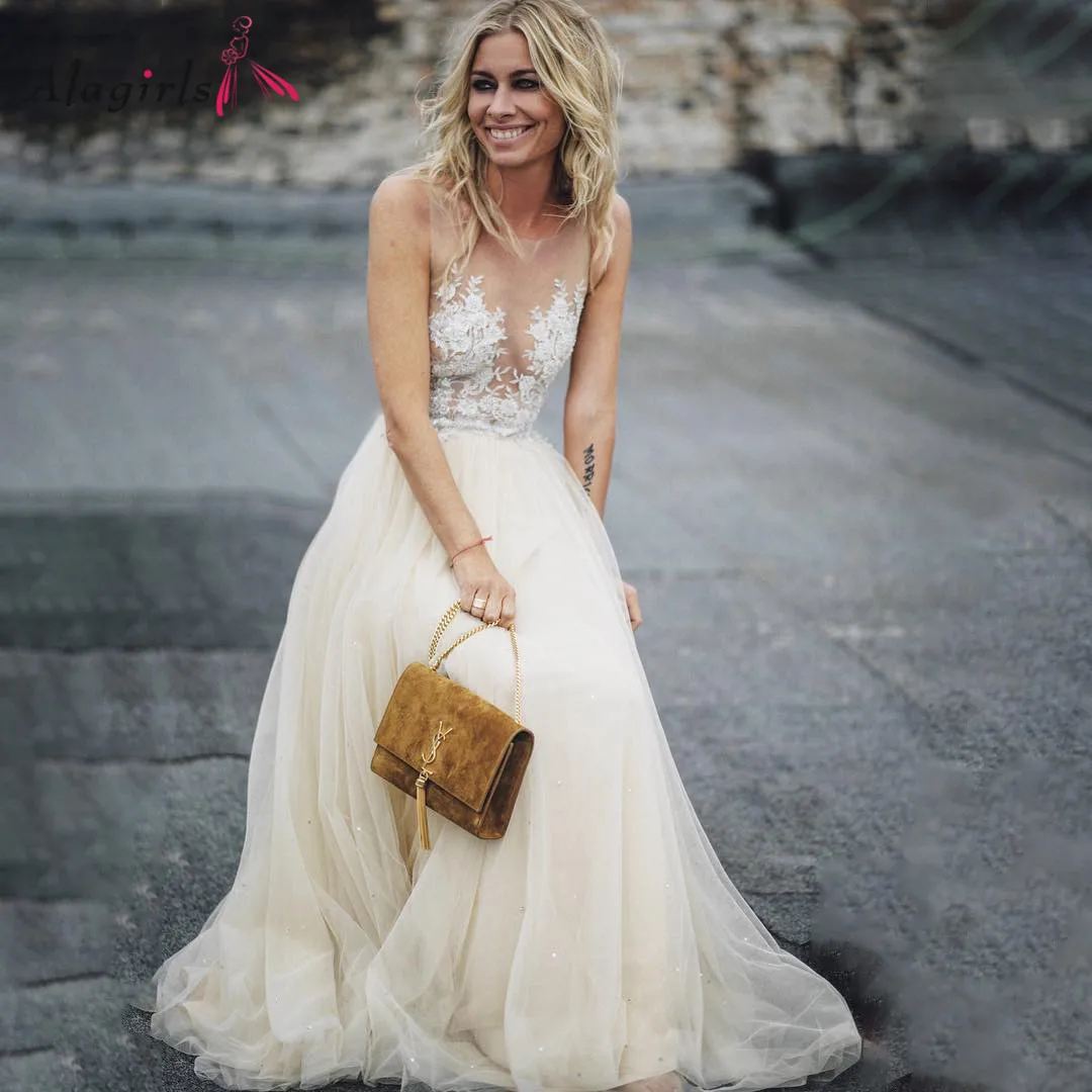 

Sexy Illusion Beach Wedding Dress Boho Appliques Tulle Bride Dress Sweetheart Neckline Vestidos 2020 Summer