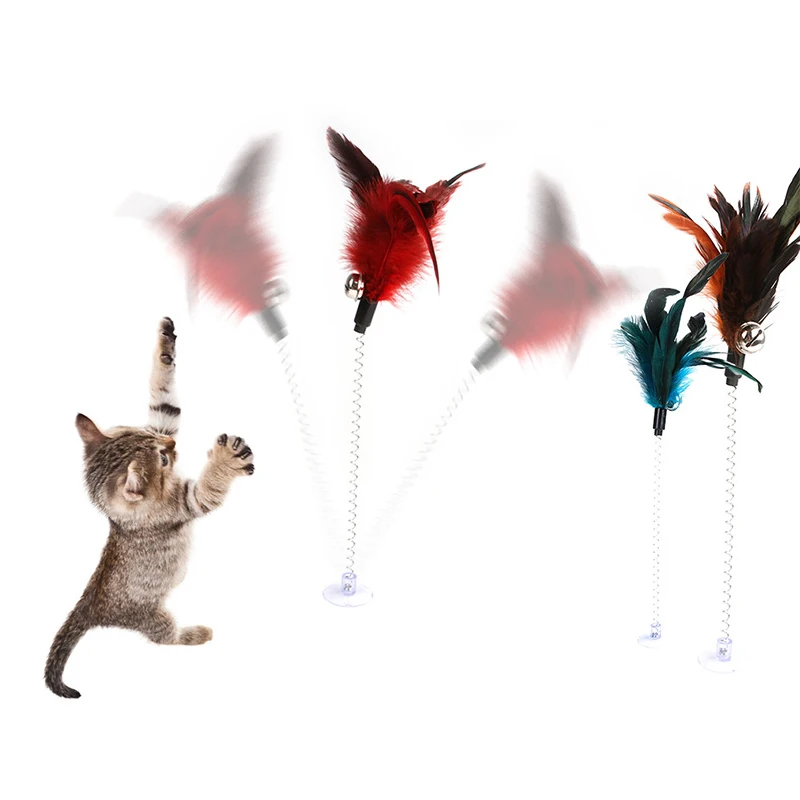 

Cat interactive toy with bottom suction cup elastic spring feather tease cat toy