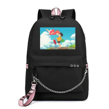 

Cartoon Spirited Away Ponyo Backpack School Bags Mochila Travel Bags Laptop Chain Backpack Headphone USB Port