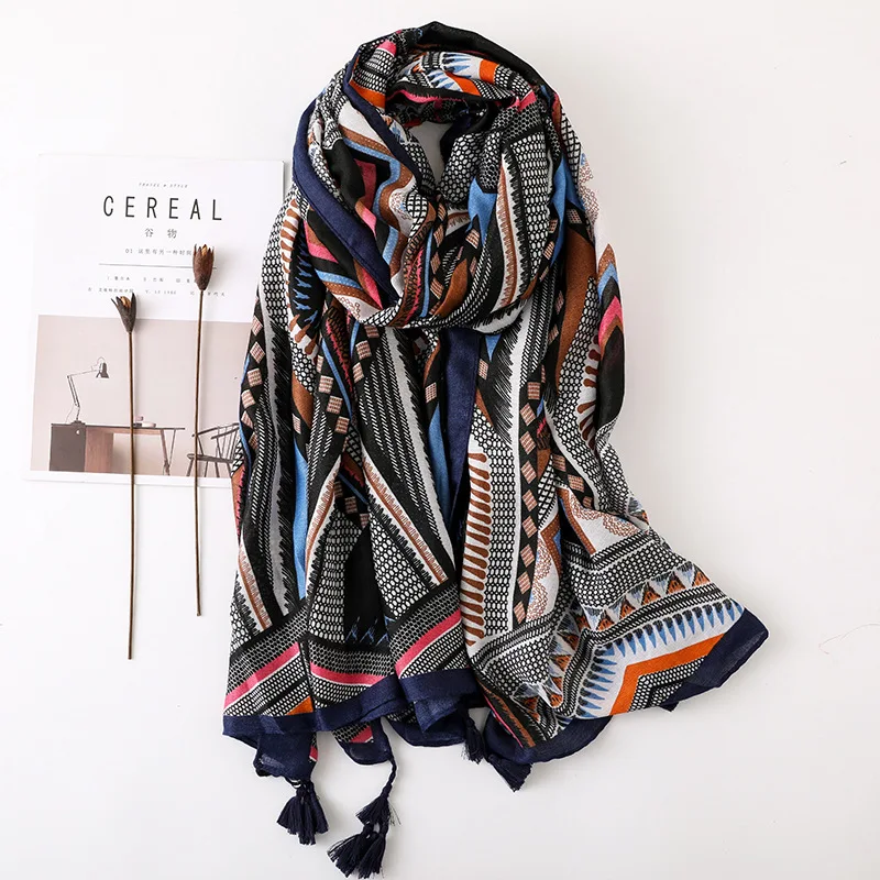 

Women Geometric Print Scarf Tassel Scarf Girls Geometrical Printed Scarf Capes Soft Rectangle Shawls Wraps Long Black Scarf