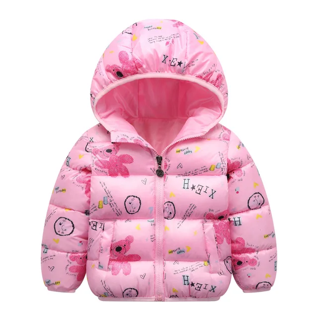 Зимняя куртка для мальчиков 2, 3, 4, 5, 6 лет, пальто, одежда для маленьких девочек, зимнее пальто с капюшоном и рисунком для девочек, милый Короткий плащ на молнии для мальчиков - Цвет: Pink