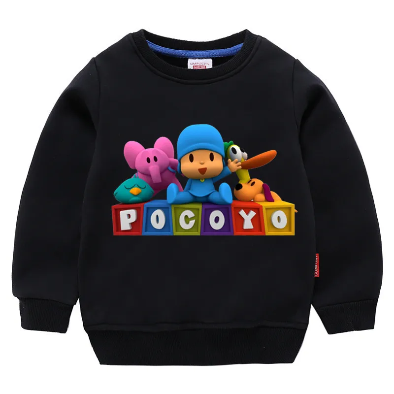 T127O-black Детские хлопковые толстовки с капюшоном с принтом Pocoyo, хлопковый пуловер для девочек, топы для маленьких мальчиков, осенняя одежда - Цвет: T127O-black