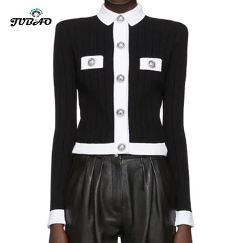 

Top Cardigans Long Sleeve Black Sweater Runway Designer Button Short Knitted Cardigan Female Elegant Single-breasted Women 2020