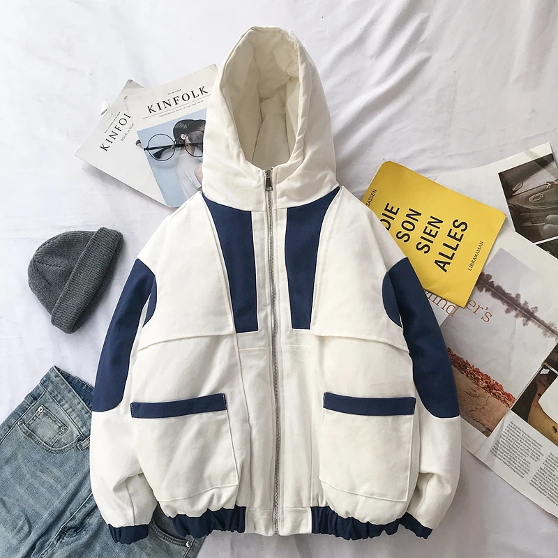 white Winter New Coat Men's Warm Thick Fashion Parka Men Cross Color Cotton Hooded Coat Man Wild Loose Tooling Jacket Male Clothes - Цвет: white