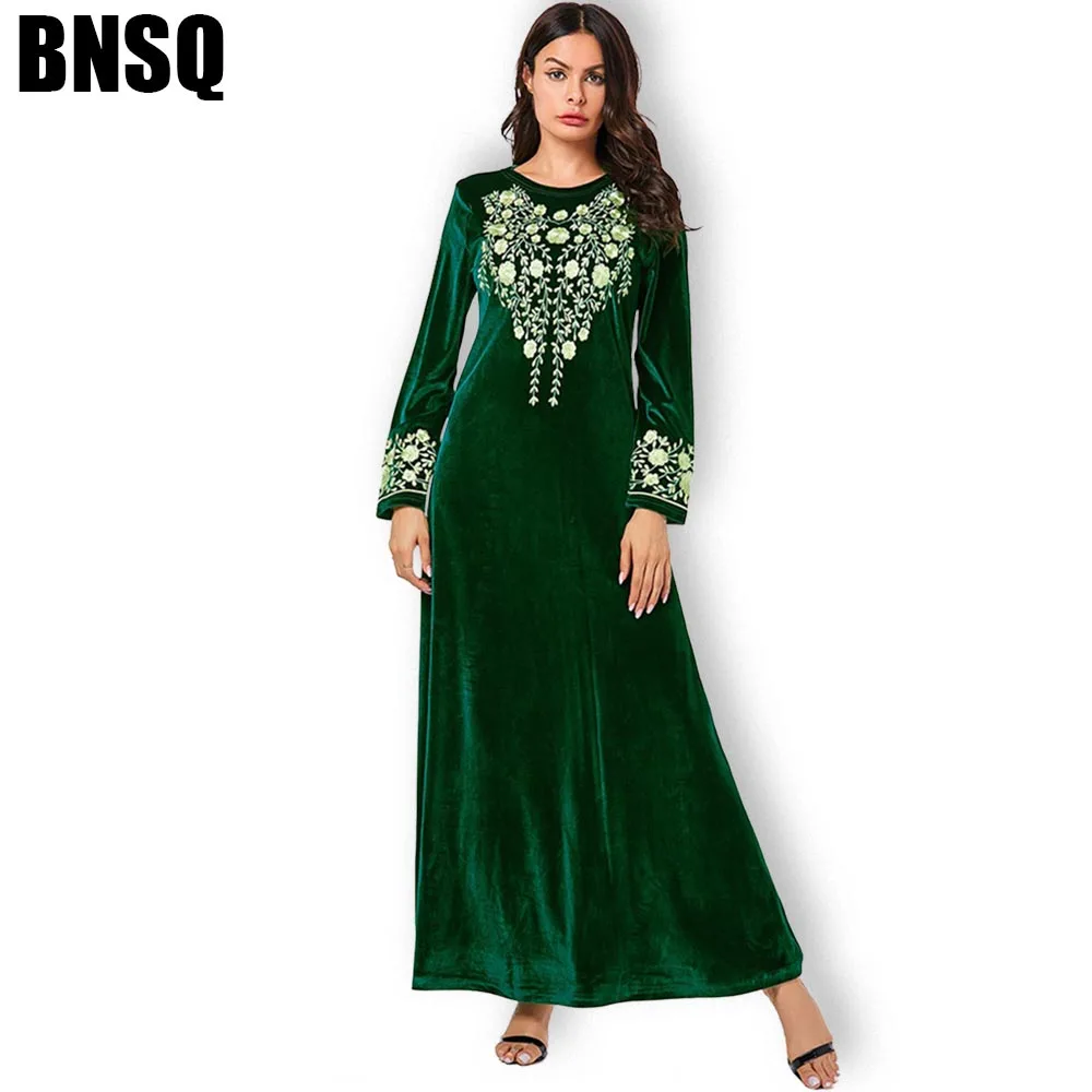 BNSQ осенне-зимнее Золотое вельветовое платье с вышивкой Пакистанская кафтан одежда для Рамадана Турция абайя мусульманская одежда для