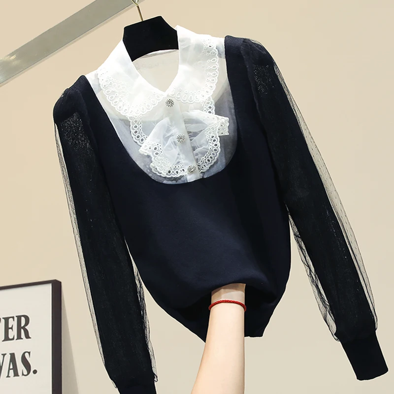 

Spring Autumn Sweater Women's New Lace Stitching Lapel Knitted Shirt Ladies Tops Temperament Sweater Jumper