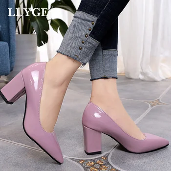 

2020 Women Pumps High heels 7.5cm Lady Sweet Shallow Patent Leather Autumn Pointed Toe Single Shoes Female Plus Size