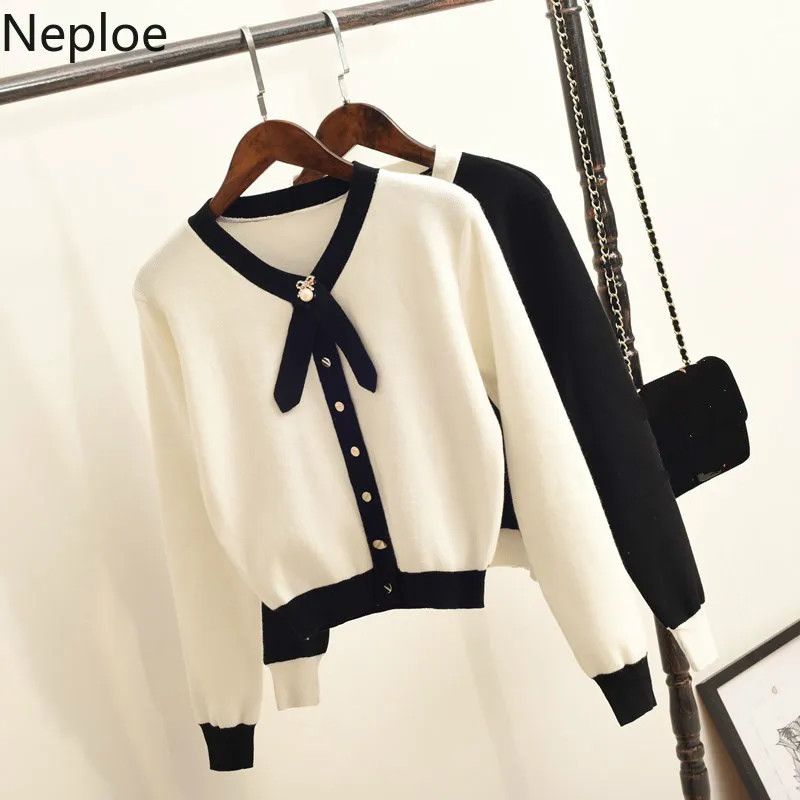 

Neploe Women Bowknot V Neck Knit Pullover Long Sleeve Buttons Elegant Knitwear 2019 Autumn Winter Bottom Hit Color Sweater 54531