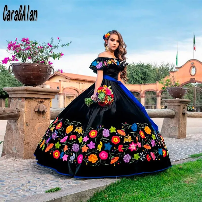 Vestidos negros De quinceañera con bordado Floral, Charro, 15 Años, 2021,  hombros descubiertos, dulces 16 vestidos De graduación|Vestidos de  quinceañera| - AliExpress