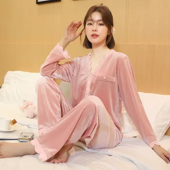 

Velvet Pajamas Women Winter Simple Princess Lace Home Suit Warm Pajamas Sleepwear Pijamas Mujer Invierno Homewear Pyjamas Women