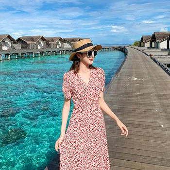 

Summer v-neck dress temperament cultivate one's morality split a chip to collect waist wrap dress holiday dresses to film