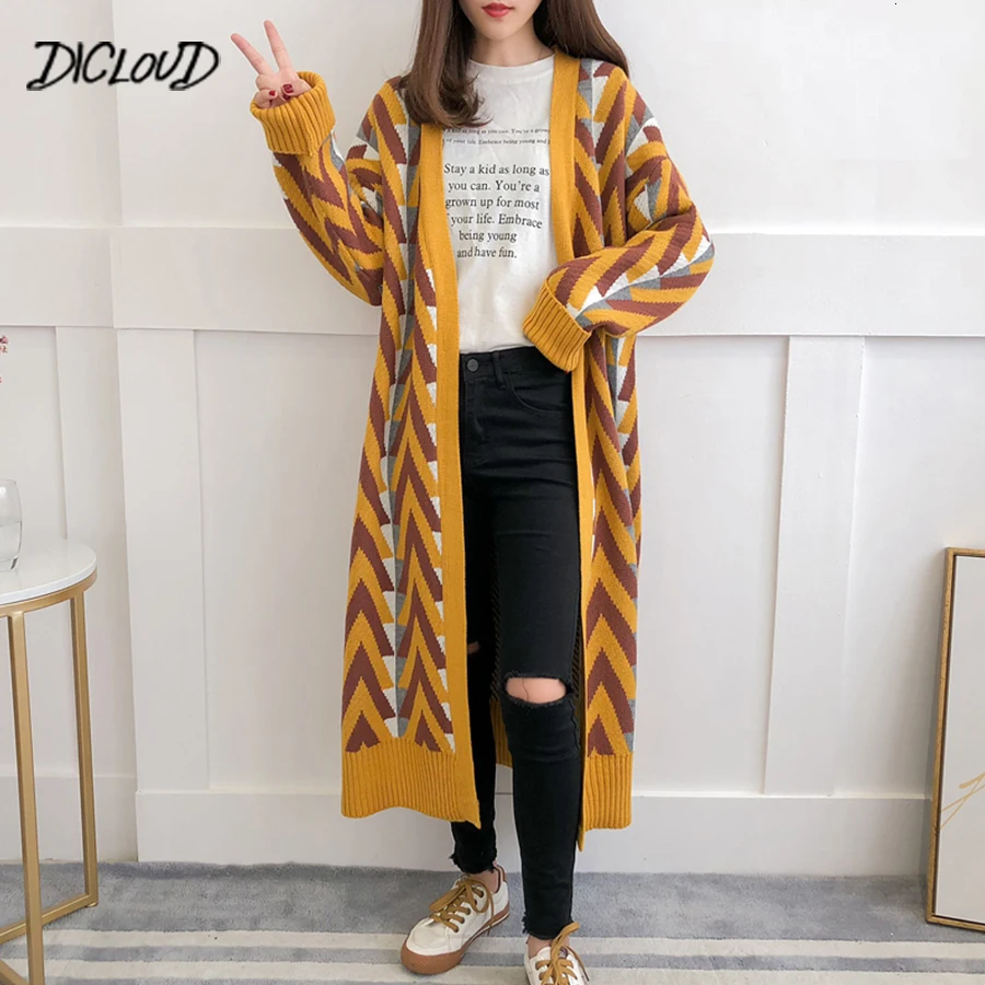 

DICLOUD Women's Cardigan Long Sweater 2019 Fashion Autumn Winter Stitching Knitwear Personality Sweet Geometric Coat Ladies