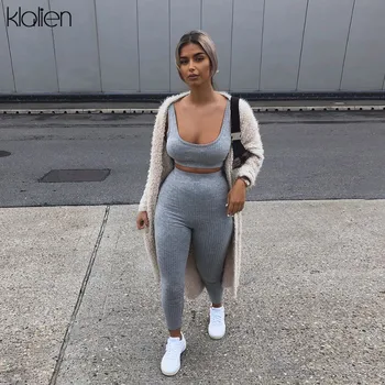 

KLALIEN slim crop top + padded sporting skinny stretch leggings active wear outfits 2019 women fitness tracksuit 2 piece set