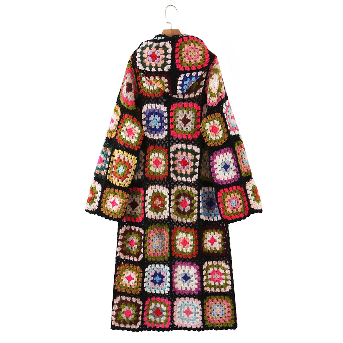 2021 Bohemia Colored Plaid Flower Hand Crochet Hooded Cardigan Ethnic Woman Bandage Lacing up Midi Long Sweater Beach Jumper 2