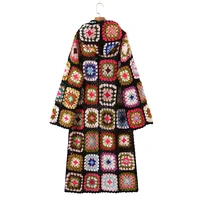 2021 Bohemia Colored Plaid Flower Hand Crochet Hooded Cardigan Ethnic Woman Bandage Lacing up Midi Long Sweater Beach Jumper 2