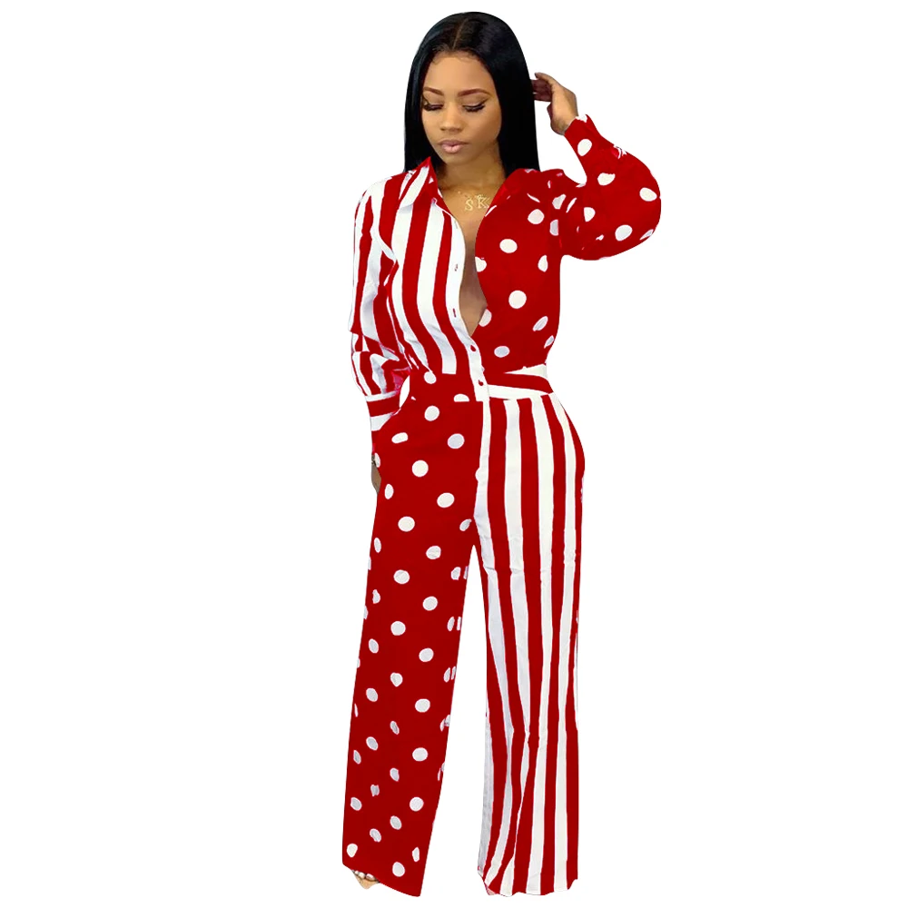 

2020 Women Button Up Casual Loose Jumpsuit New Dot Printed Jumpsuit Rompers Ladies Turn-down Collar Casual Rompers Overalls