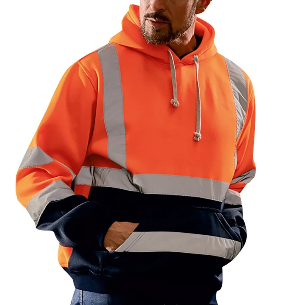 Новинка, зимняя мужская куртка, одноцветная, со светоотражающими полосками, с капюшоном, с длинным рукавом, свитер, топ, для дорожной работы, высокая видимость, рукав, 10,25 - Цвет: Orange