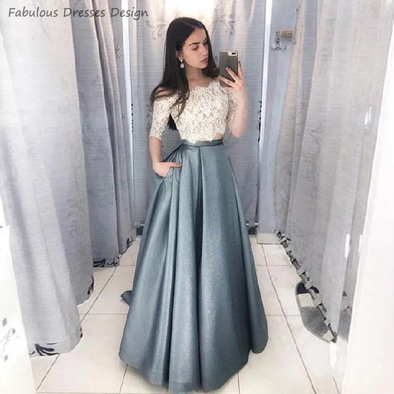 

Two Pieces A Line Pocket Prom Dresses Exquisite Long 2020 Lace Mid Sleeve Vestido De Festa Evening Dress Party For Women