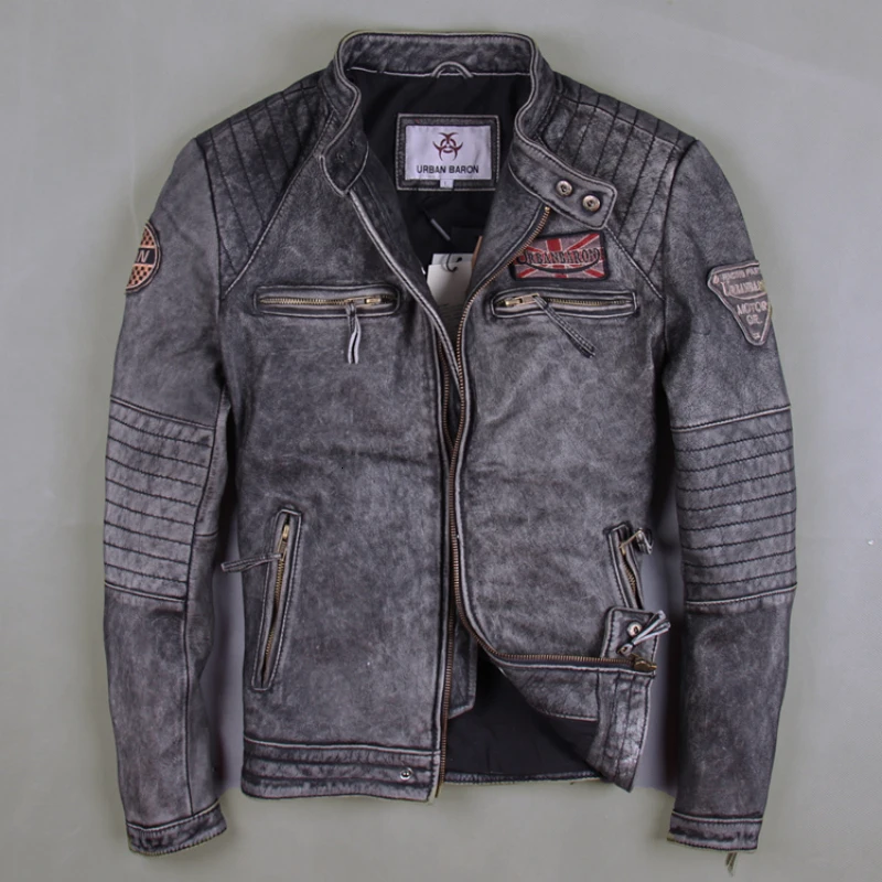 Мужские Винтажные серые мотоциклетные Кожаные Куртки из натуральной коровьей кожи китайские размеры M-6XL байкерские куртки зимние пальто