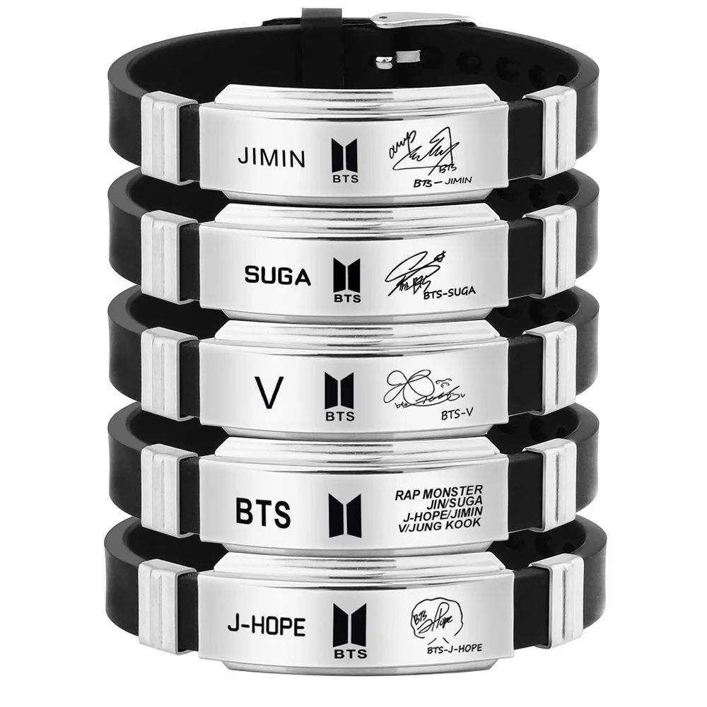 

HQBTS bulletproof youth Black Titanium Steel Silicone Bracelet Wristband Fashion Stainless Steel Bracelet