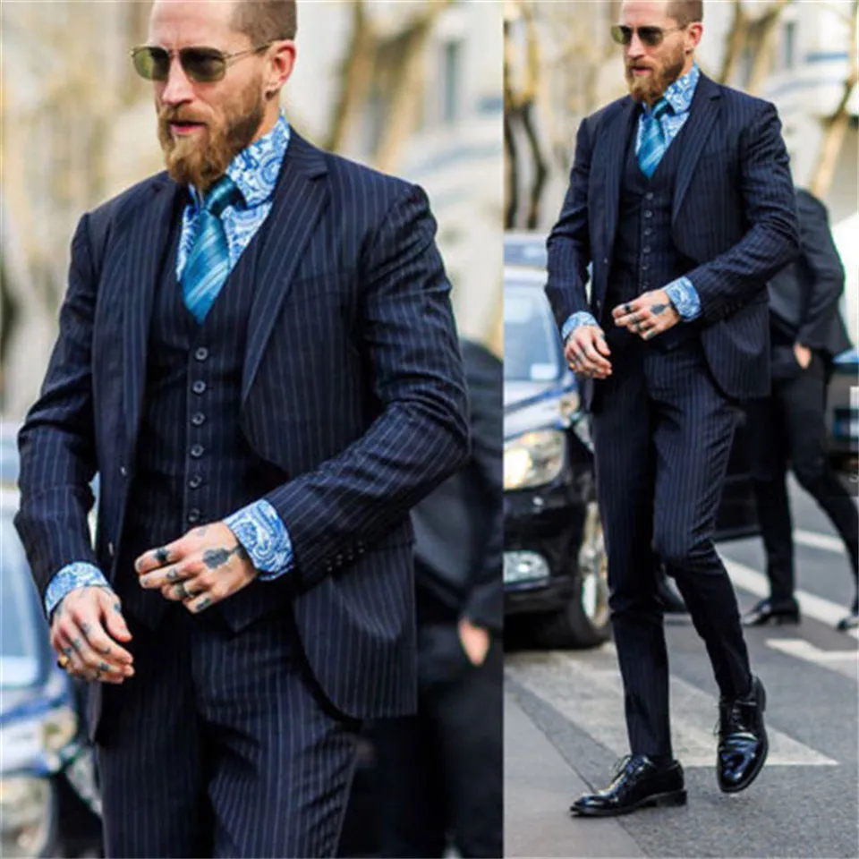 Классический мужской костюм Smolking Noivo Terno Slim Fit Easculino вечерние костюмы для мужчин Высокое качество темно-синий полосатый бизнес dre